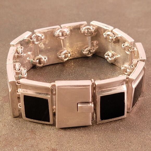 Vintage Taxco Heavy Squares Onyx Sterling Silver Statement Link Bracelet - Picture 7 of 10